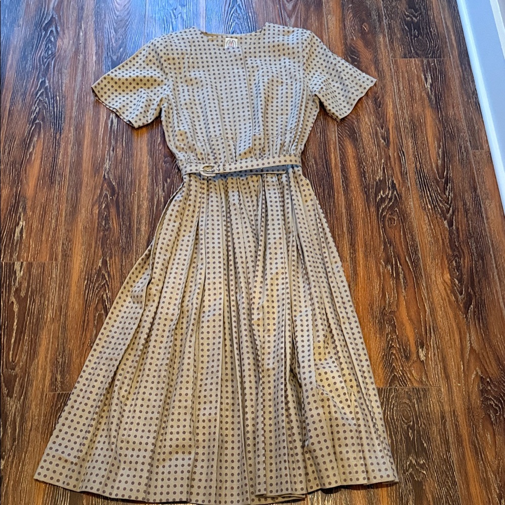 Vintage Polka Dot Midi Dress with Waist Tie - Tan Linen/cotton